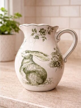 Maxcera Green & White Rabbit Roses Toile Floral Ceramic Vase Pitcher 8.5" NEW